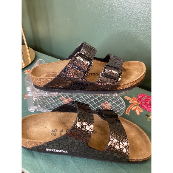 Birkenstock Arizona Metallic Gator Gleam Double Strap Cork Sandals Women Size 40 - Picture 4 of 5